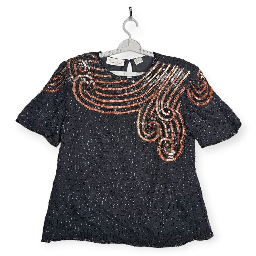 Lawrence Kazar | Beaded Top | Women's | Large | Black | Sequined Silk